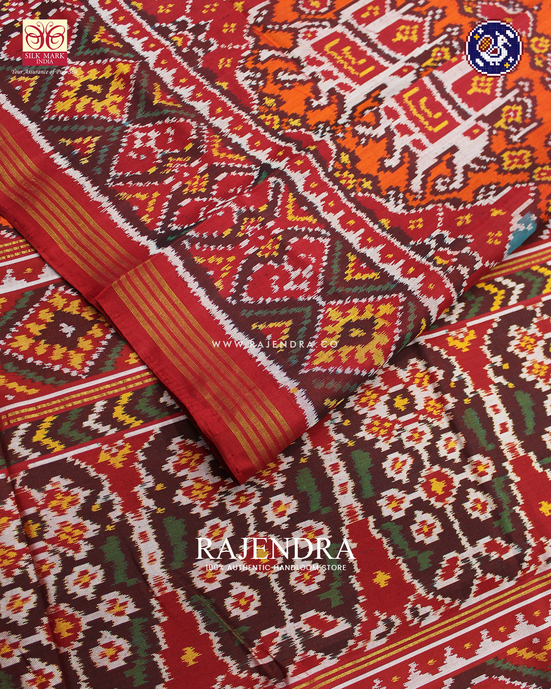 Exclusive 6 Figure Red and Orange Ikat Rajkot Patola Saree