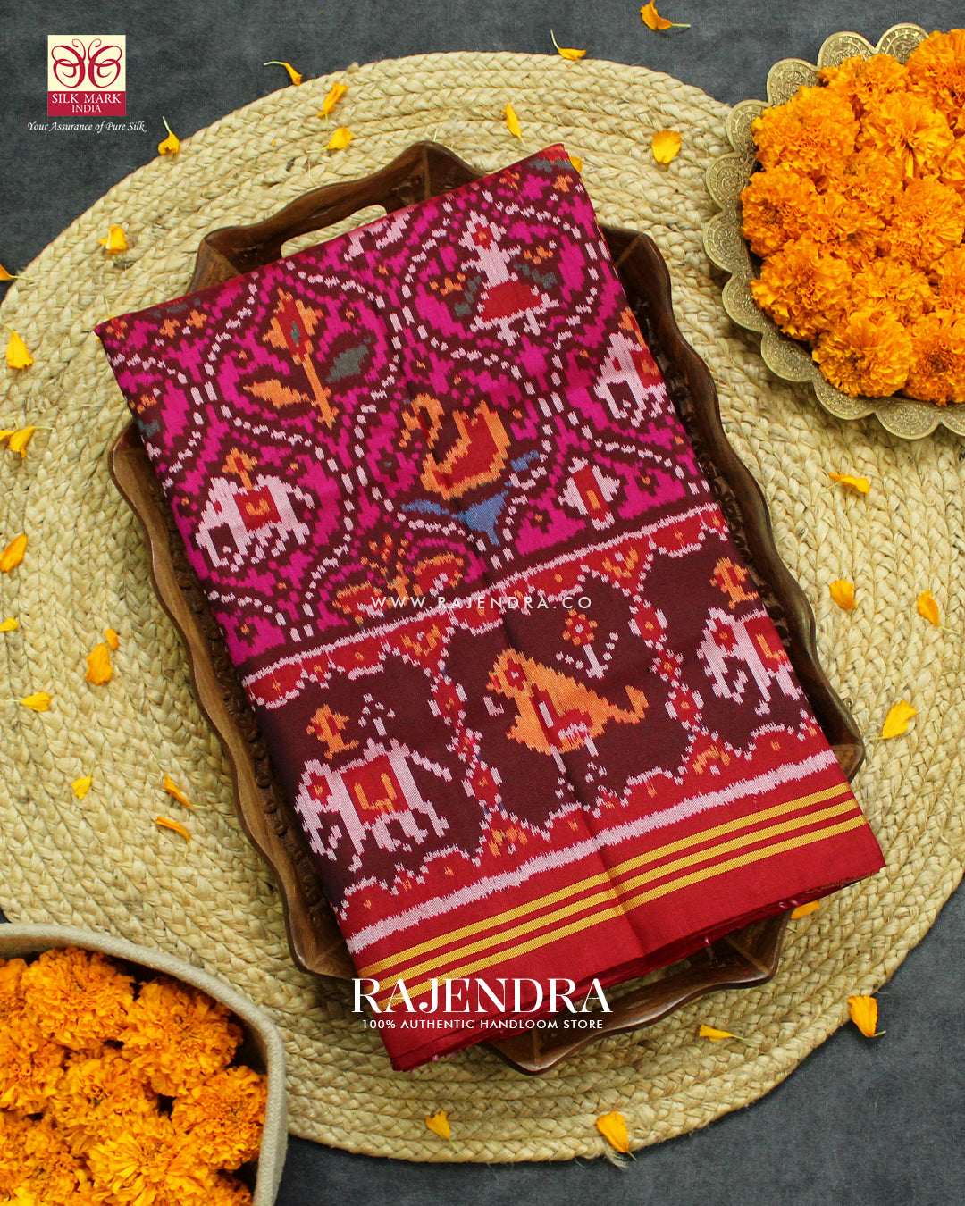 Traditional 6 Figure Red and Pink Ikat Rajkot Patola Saree