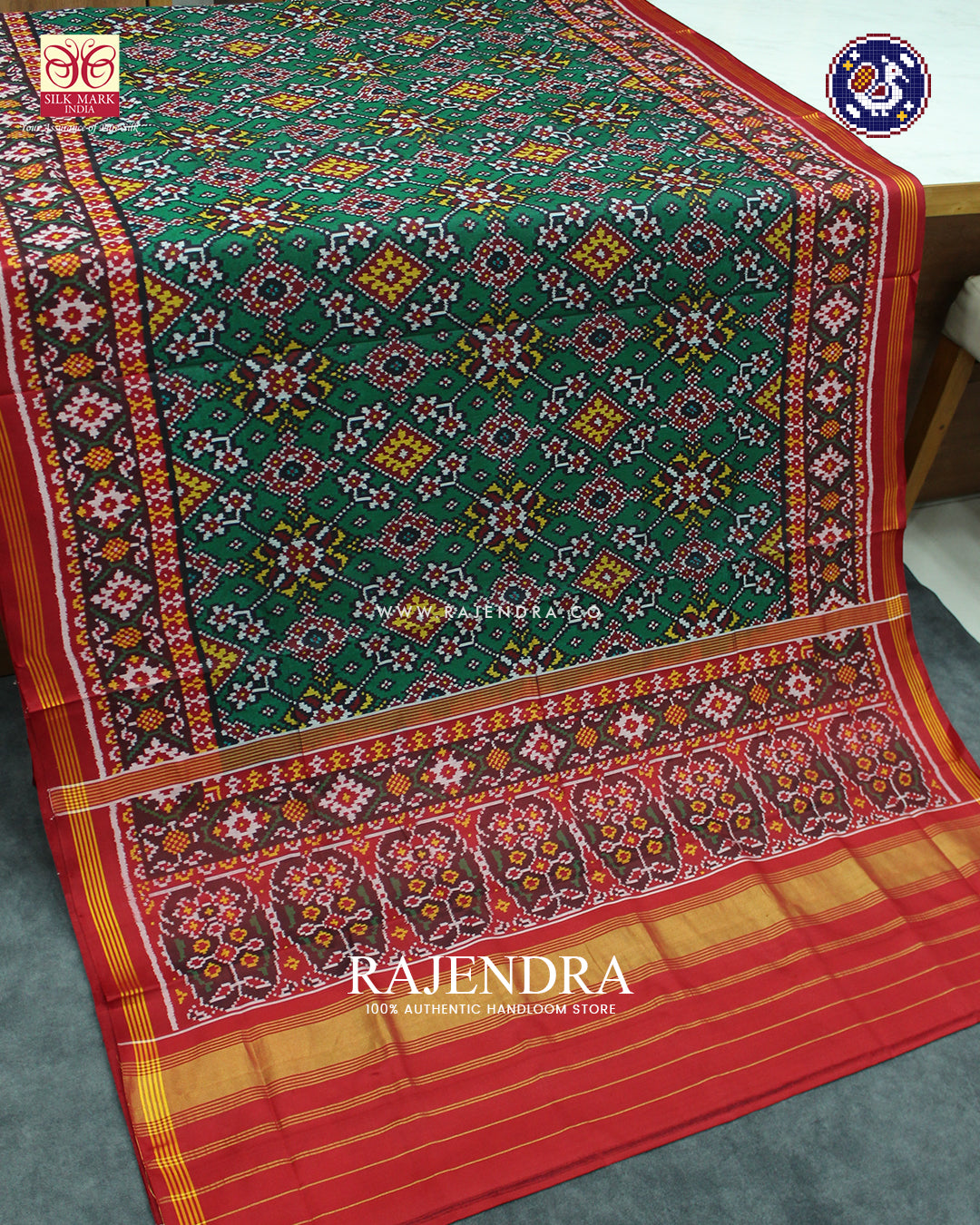 Traditional Navratna Design Red and Blue Ikat Rajkot Patola Saree