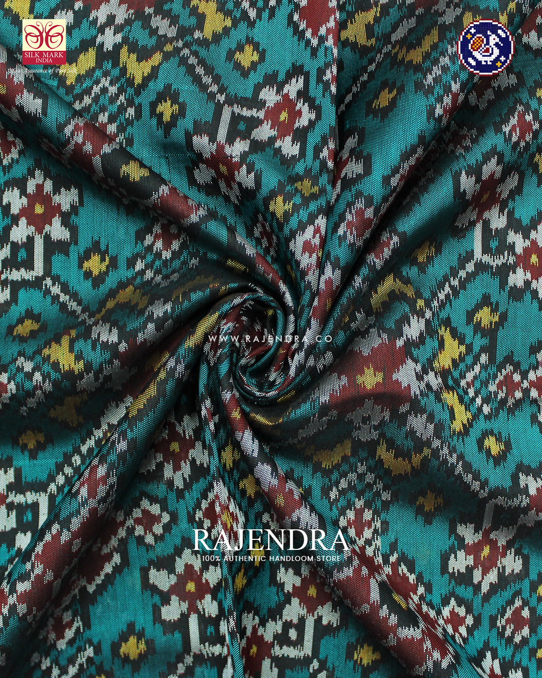 Traditional Navratna Design Red and Sea Green Ikat Rajkot Patola Saree