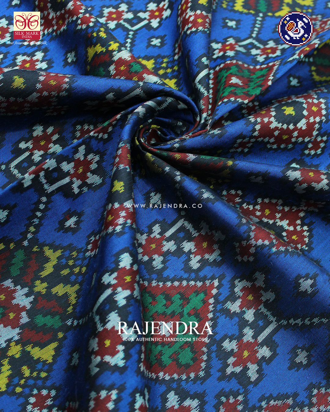 Traditional Navratna Design Red and Blue Ikat Patola Saree