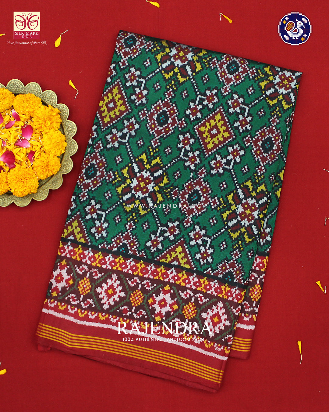 Traditional Navratna Design Red and Blue Ikat Rajkot Patola Saree