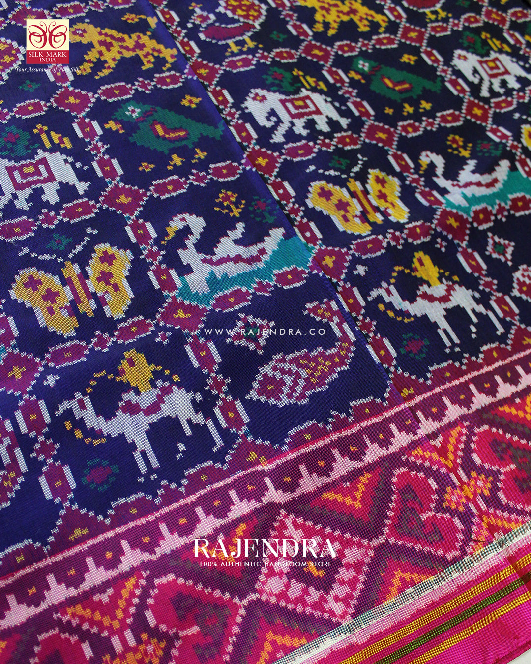 Exclusive 8 Figure Pink and Blue Ikat Rajkot Patola Saree