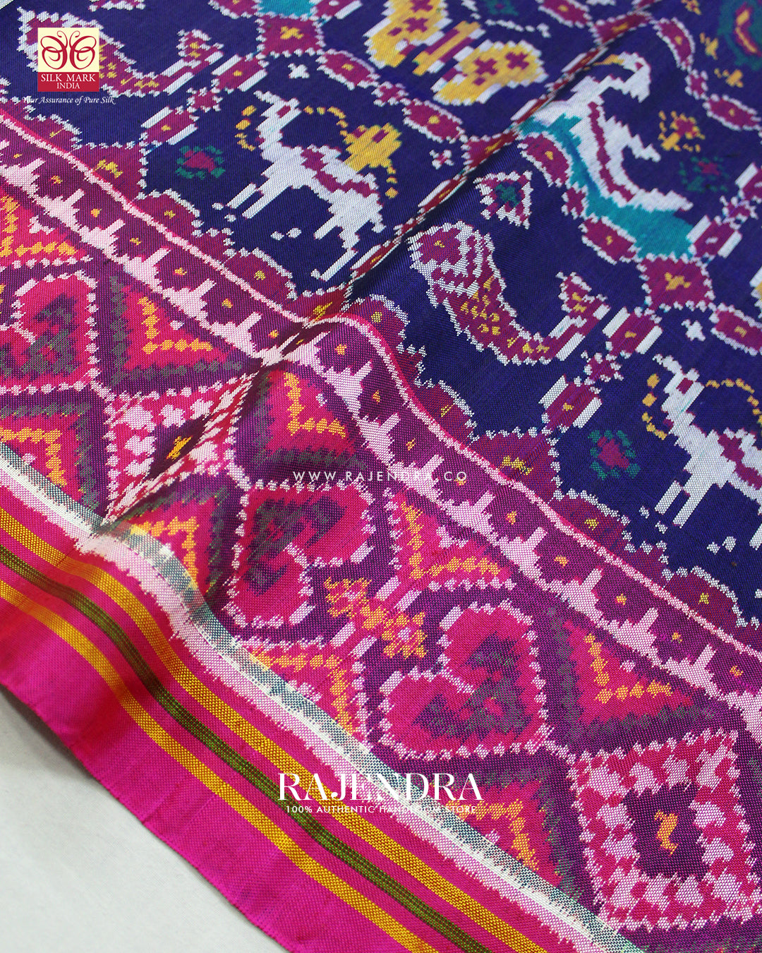 Exclusive 8 Figure Pink and Blue Ikat Rajkot Patola Saree
