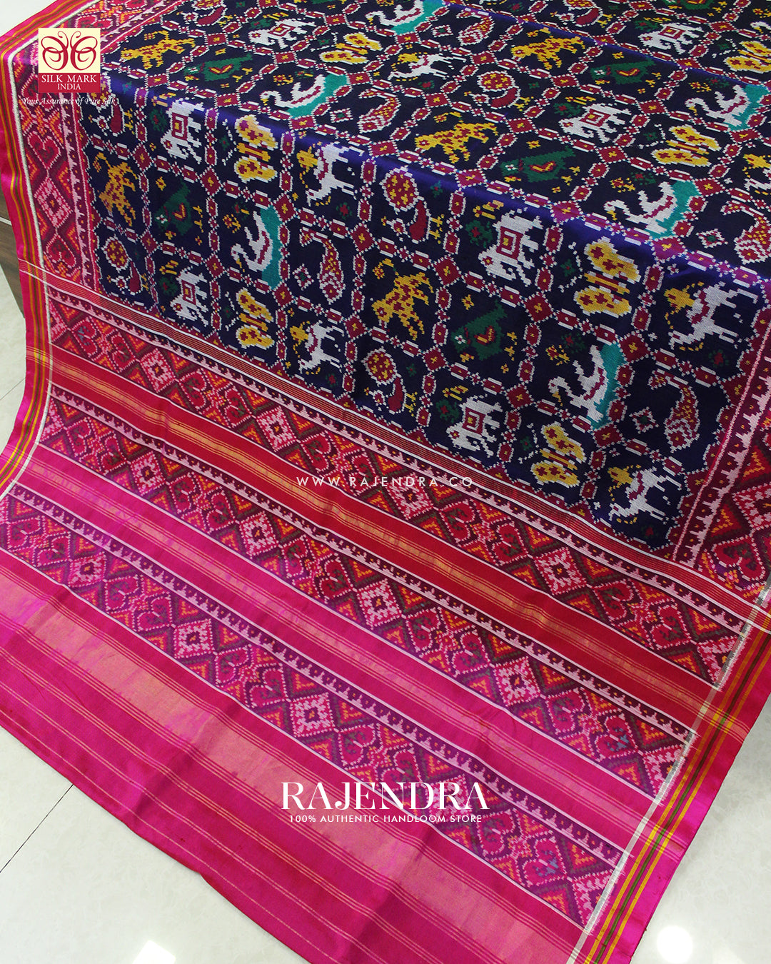 Exclusive 8 Figure Pink and Blue Ikat Rajkot Patola Saree