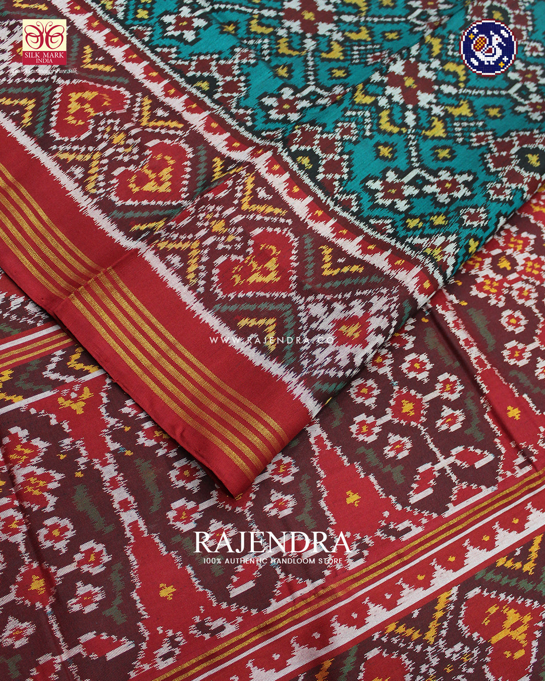 Traditional Navratna Design Red and Sea Green Ikat Rajkot Patola Saree