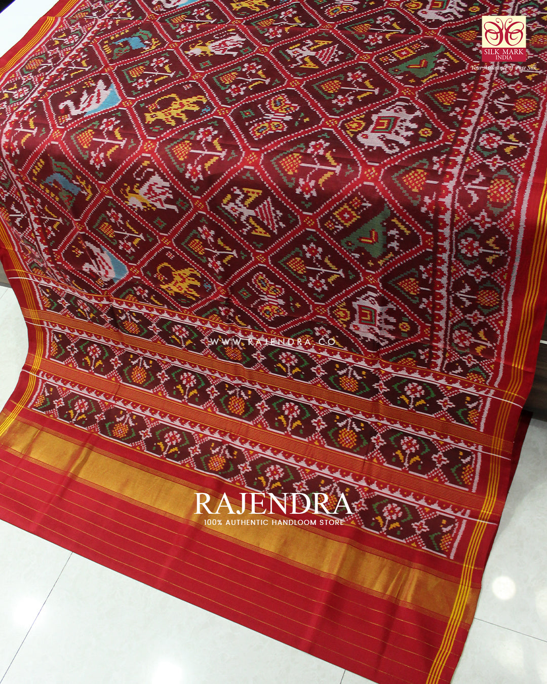 Exclusive 9 Figure Red and Maroon Ikat Rajkot Patola Saree