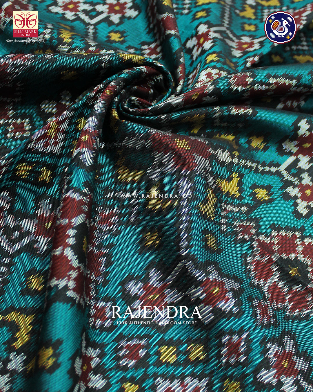 Traditional Navratna Design Red and Sea Green Ikat Rajkot Patola Saree