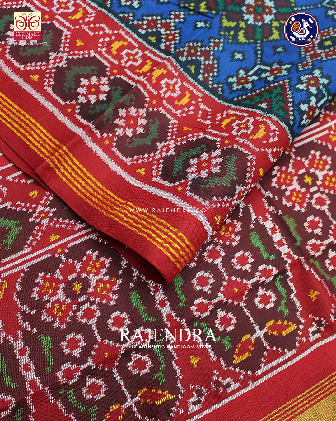 Traditional Navratna Design Red and Blue Ikat Patola Saree