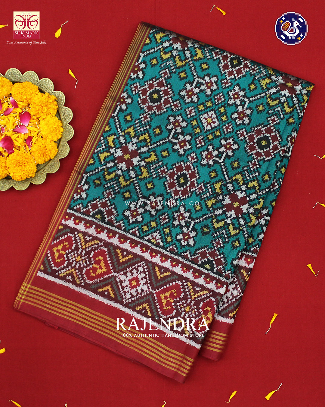 Traditional Navratna Design Red and Sea Green Ikat Rajkot Patola Saree