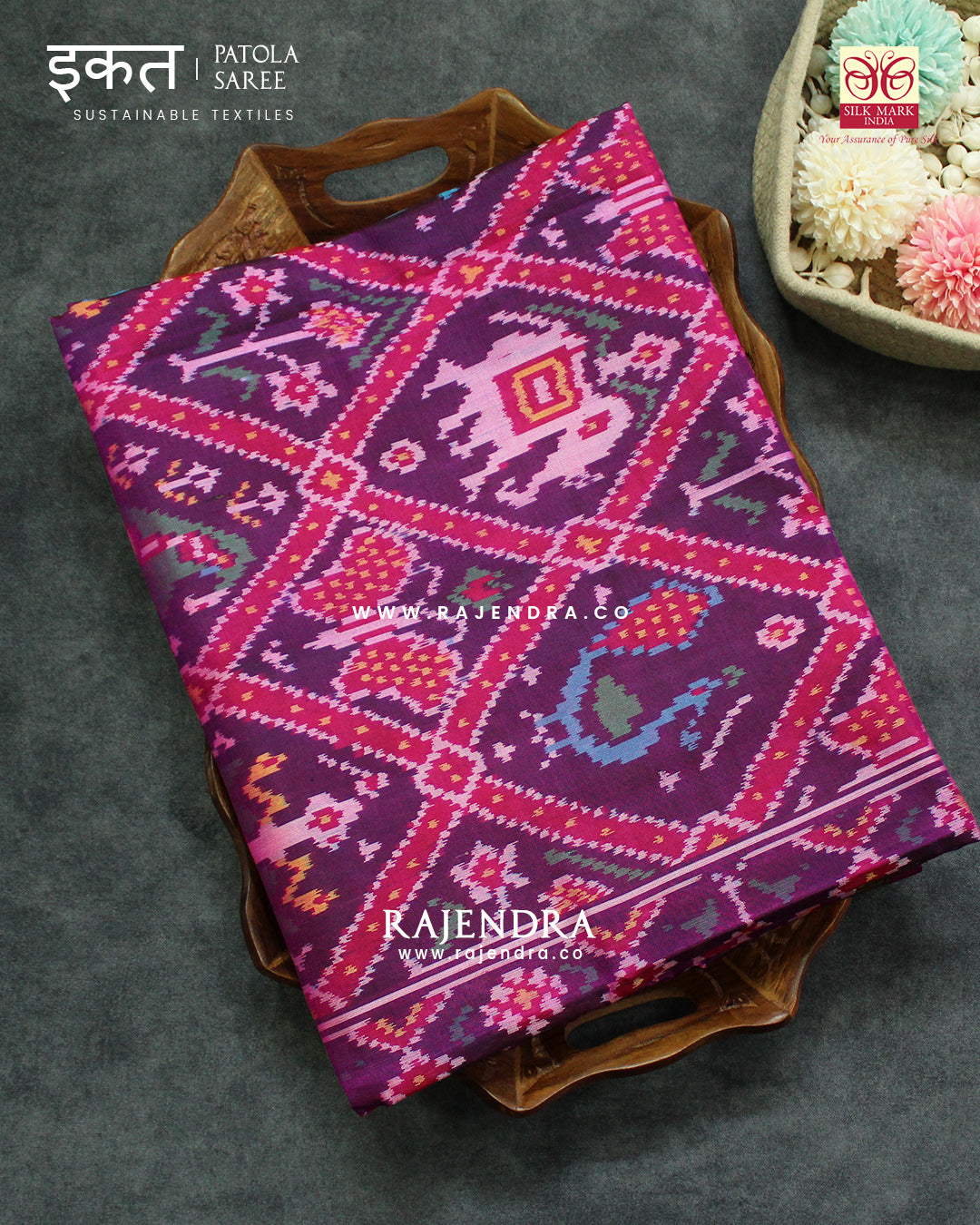 Traditional Nari Kunjar Pink Magenta Single Ikat Rajkot Patola Saree