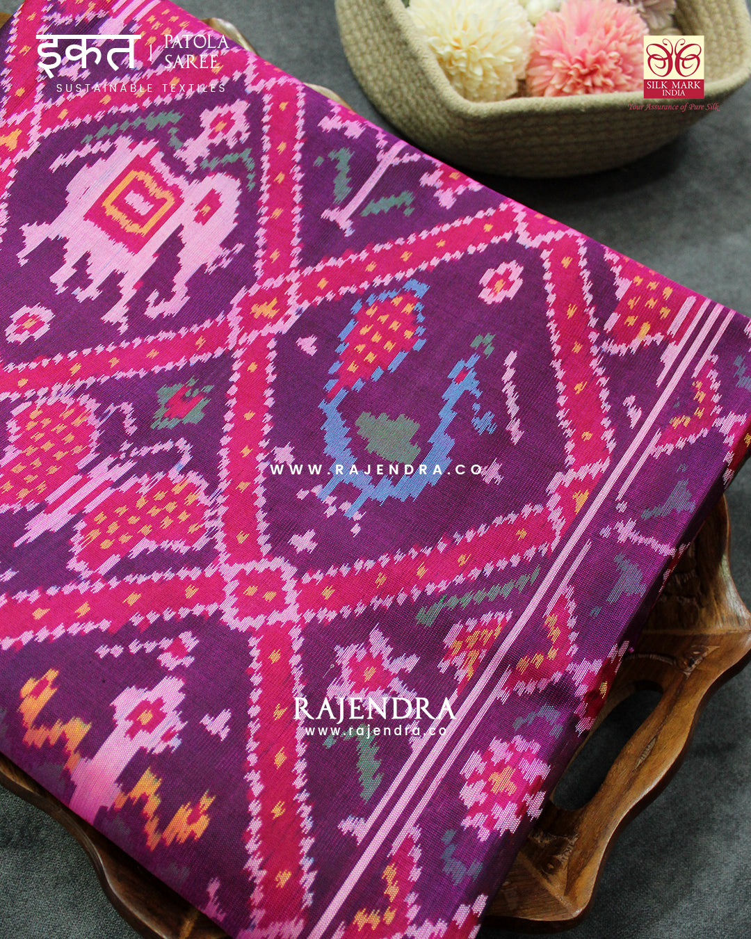 Traditional Nari Kunjar Pink Magenta Single Ikat Rajkot Patola Saree