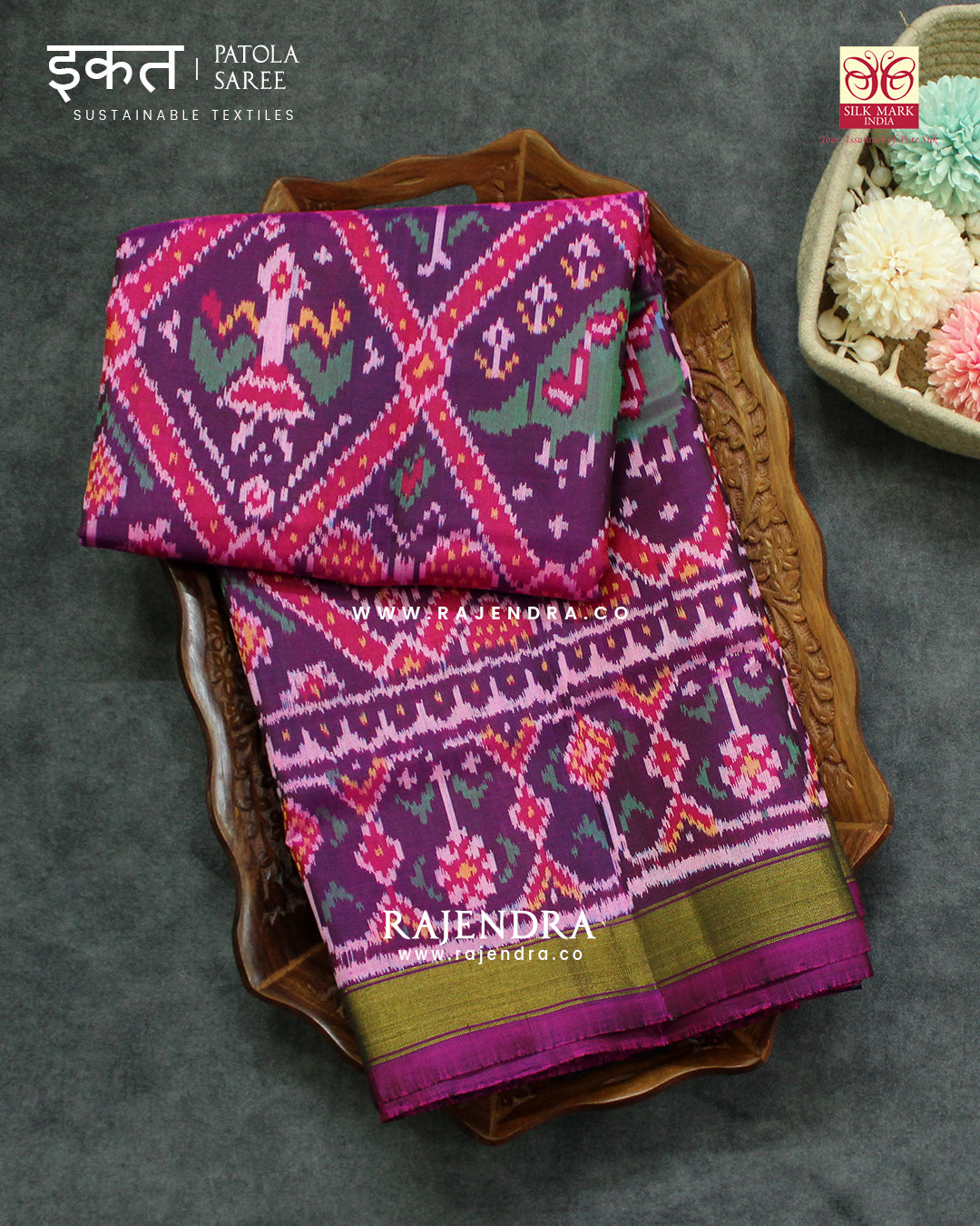 Traditional Nari Kunjar Pink Magenta Single Ikat Rajkot Patola Saree