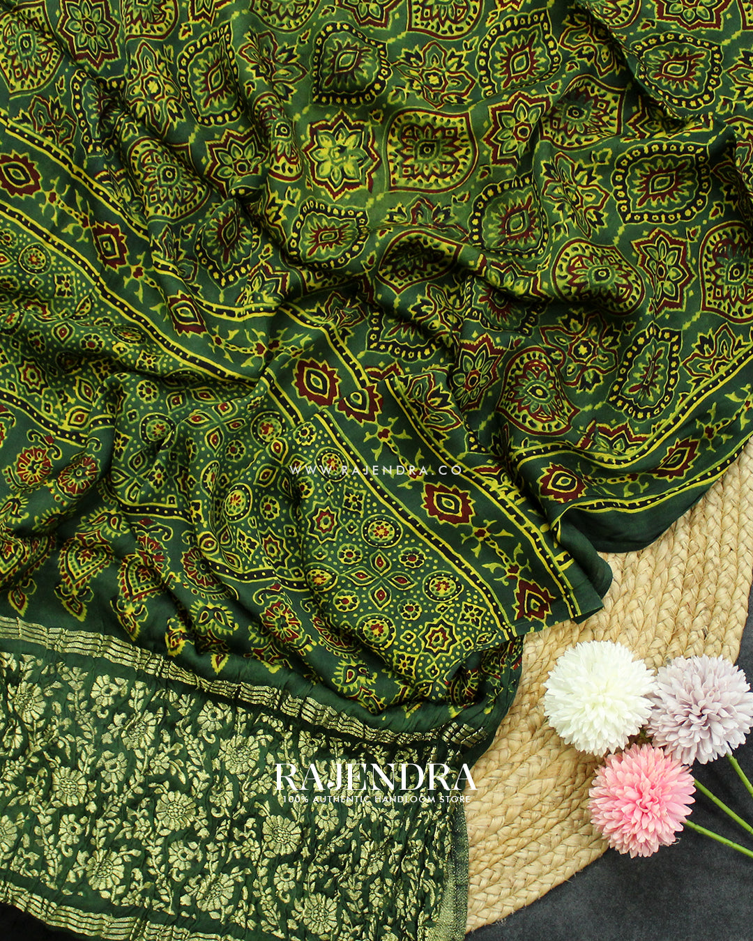Traditional Ajrakh Green Natural Dyed Modal Silk Dupatta