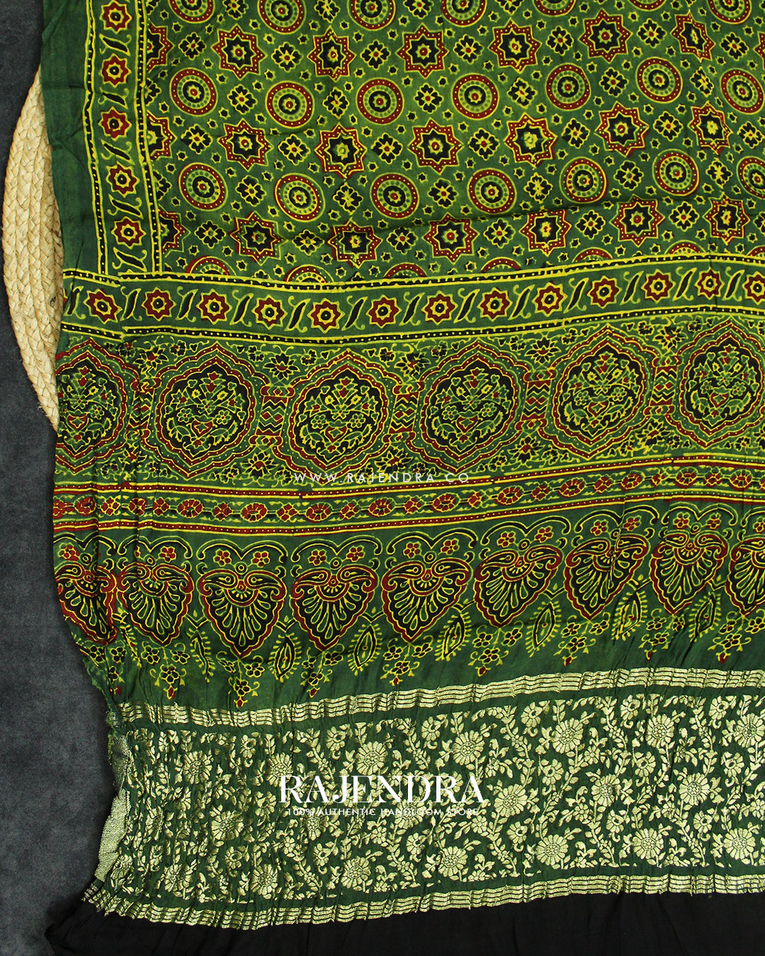 Traditional Ajrakh Green Natural Dyed Modal Silk Dupatta