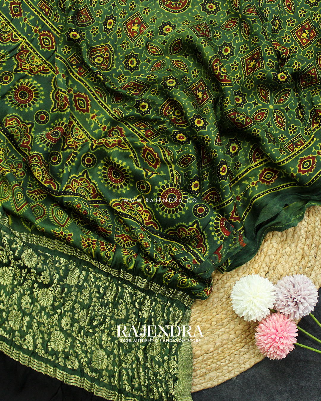 Traditional Ajrakh Green Natural Dyed Modal Silk Dupatta