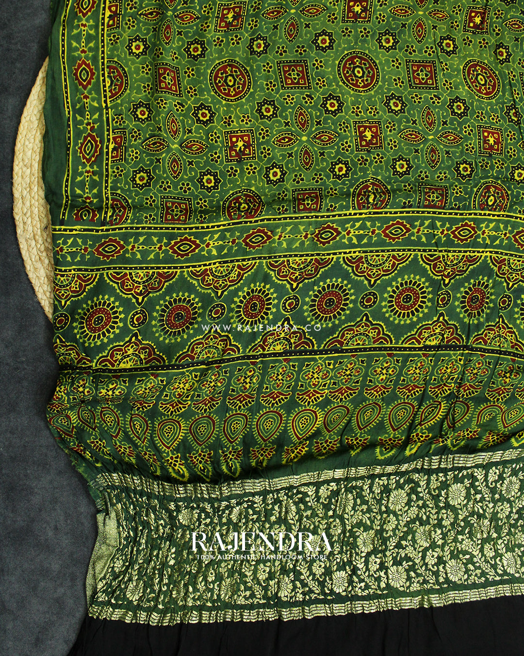 Traditional Ajrakh Green Natural Dyed Modal Silk Dupatta