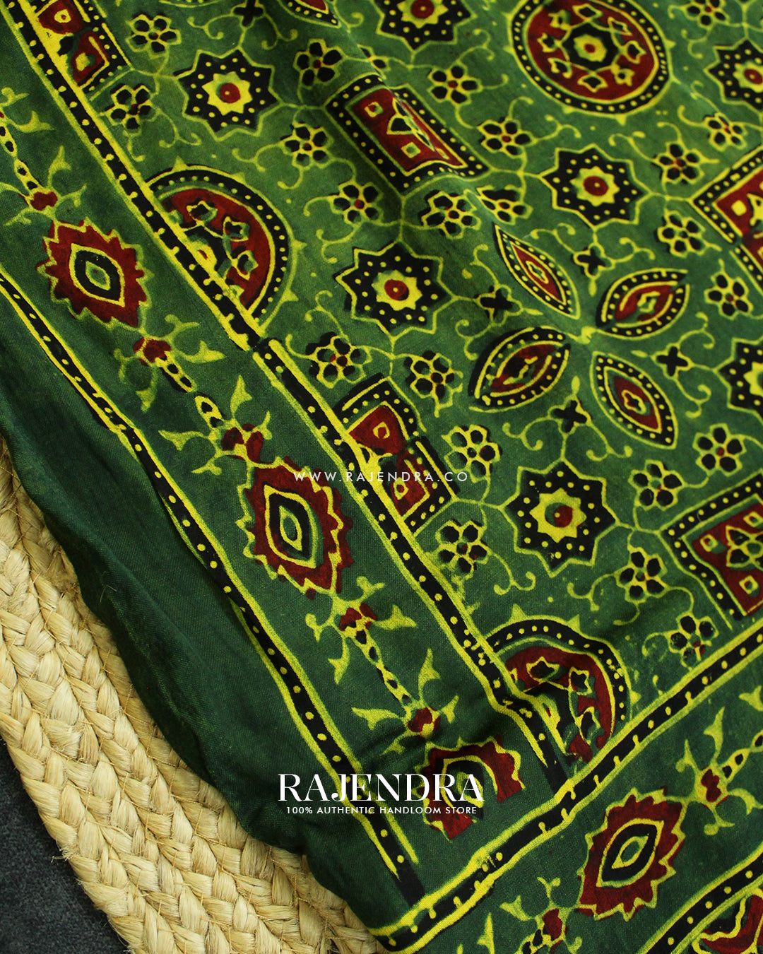 Traditional Ajrakh Green Natural Dyed Modal Silk Dupatta