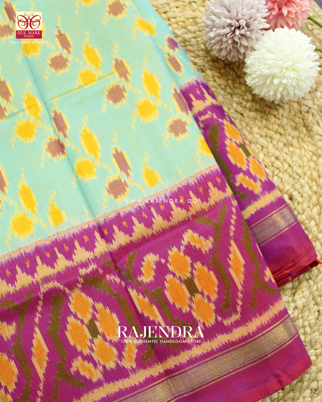 Exclusive Ambadal Design Pink and Light Blue Single Ikat Rajkot Patola Saree