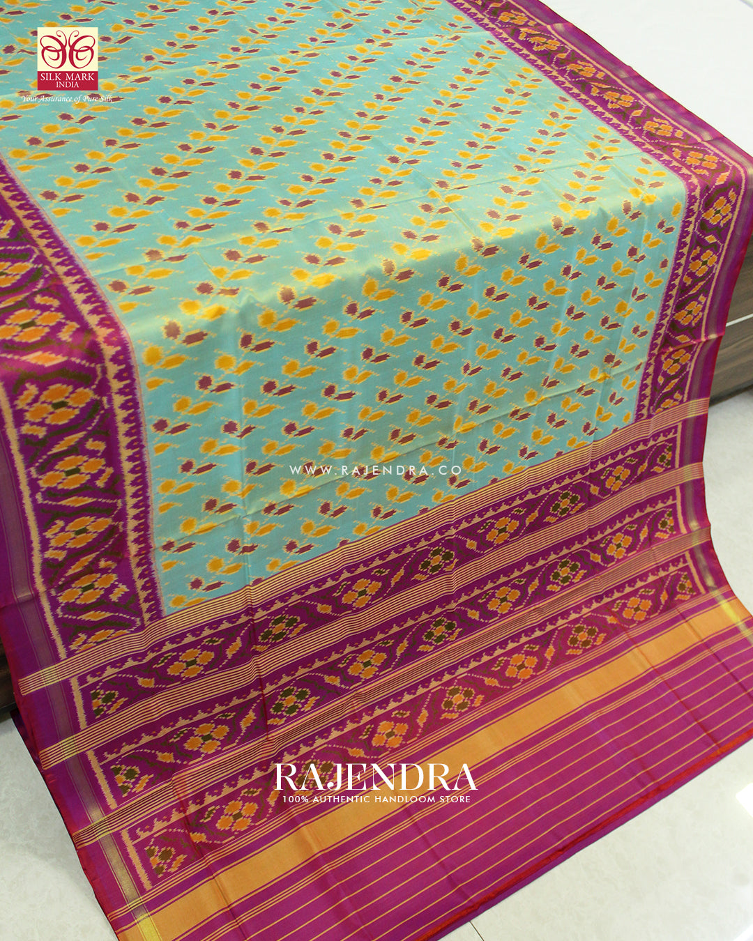 Exclusive Ambadal Design Pink and Light Blue Single Ikat Rajkot Patola Saree