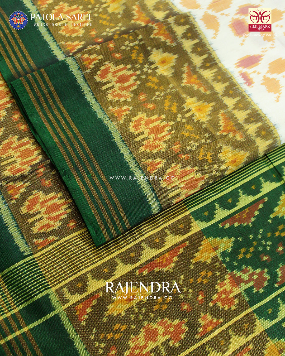 Traditional Ambadal Design Green and White Single Ikat Rajkot Patola Saree