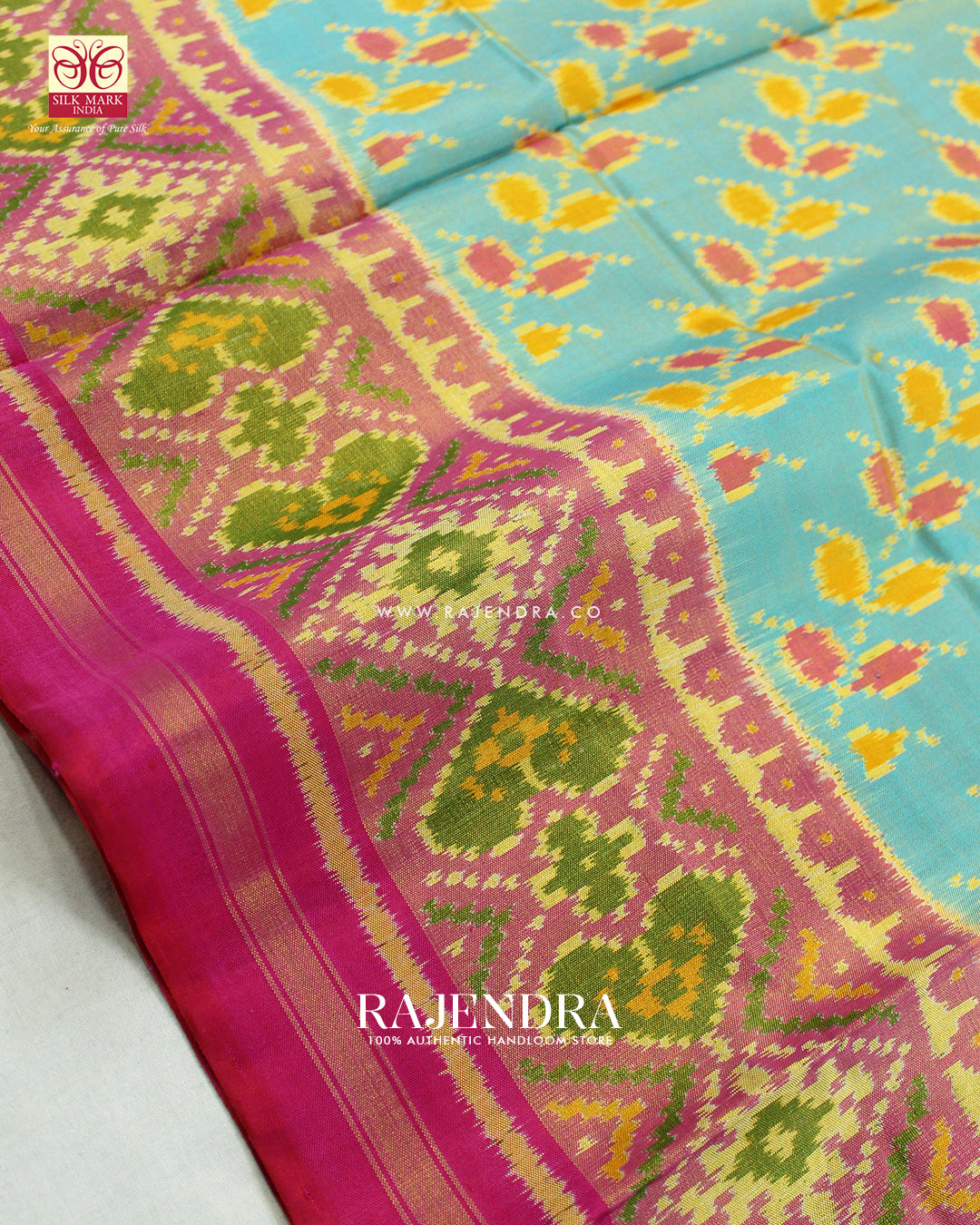 Traditional Ambadal Design Pink and Blue Single Ikat Rajkot Patola Saree