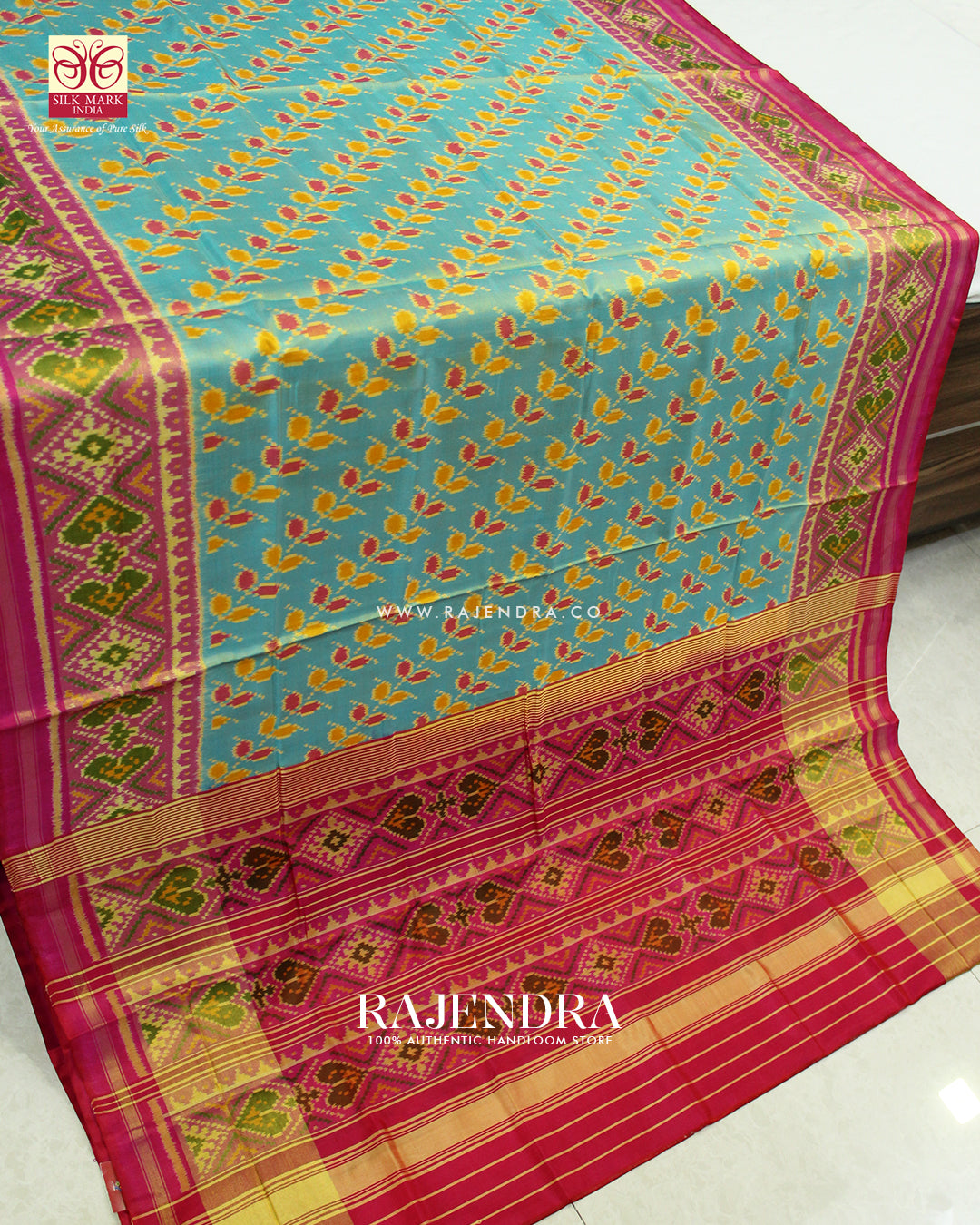 Traditional Ambadal Design Pink and Blue Single Ikat Rajkot Patola Saree