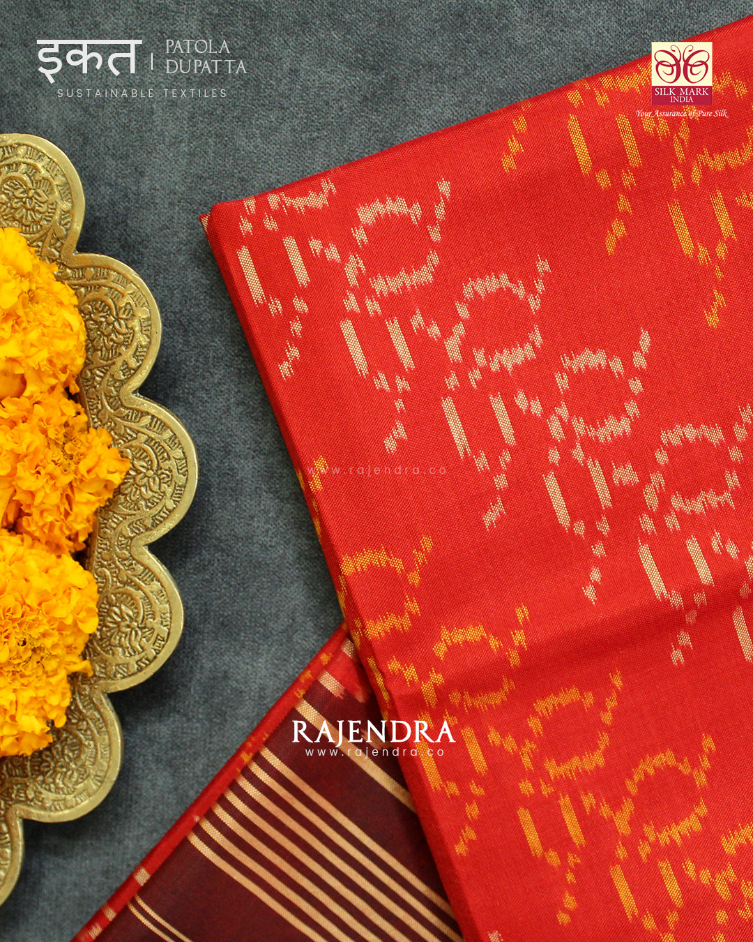 Traditional Ambadal Design Red Maroon Single Ikat Rajkot Patola Dupatta