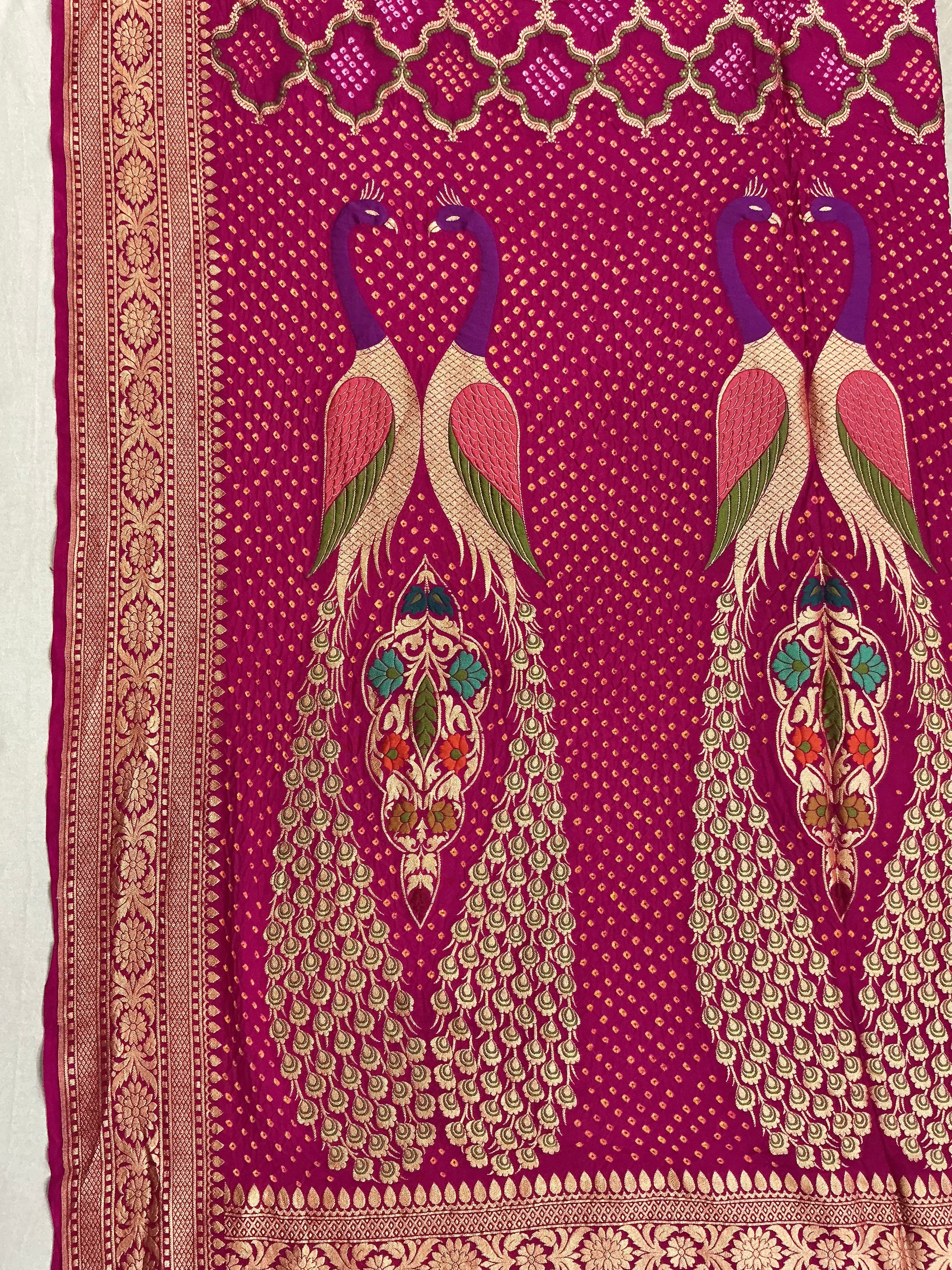 Exclusive Peacock Pink Purple Banarasi Bandhani Dupatta