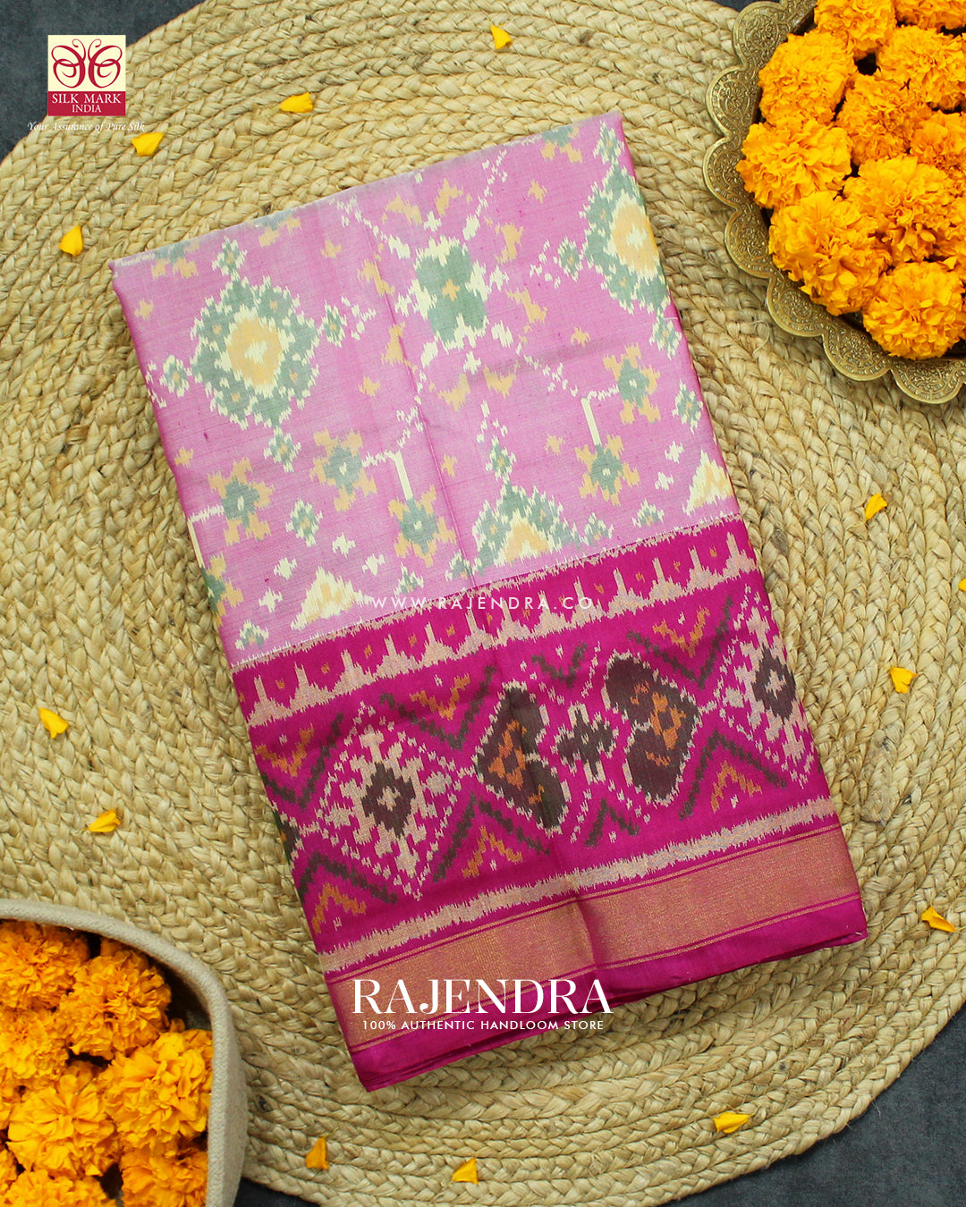 Traditional Navratna Design Baby Pink and Pink Single Ikat Rajkot Patola Saree