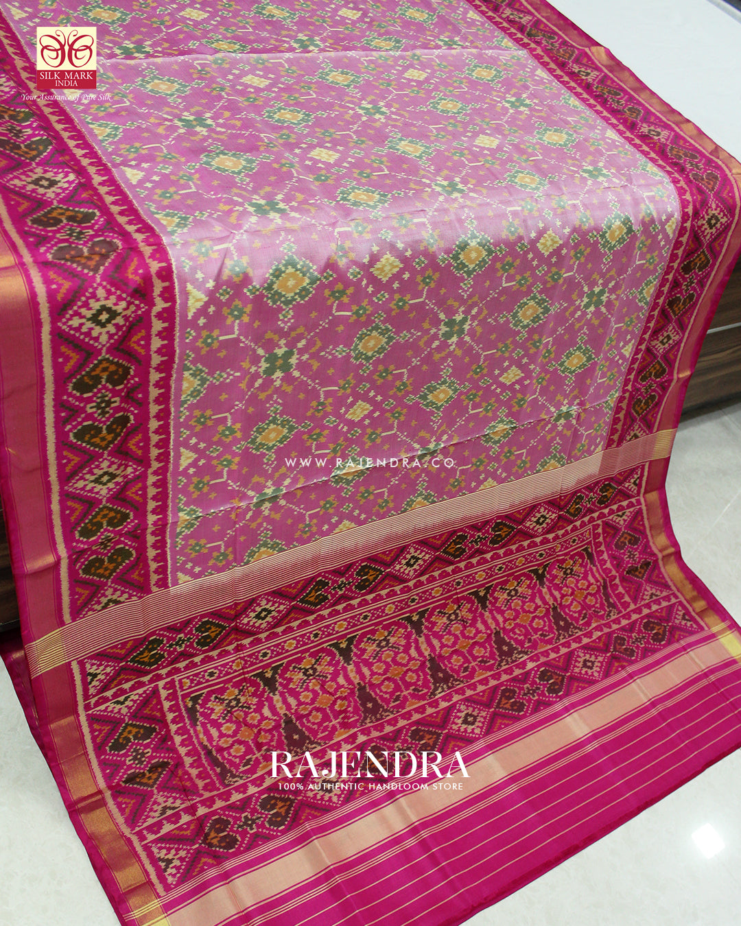 Traditional Navratna Design Baby Pink and Pink Single Ikat Rajkot Patola Saree