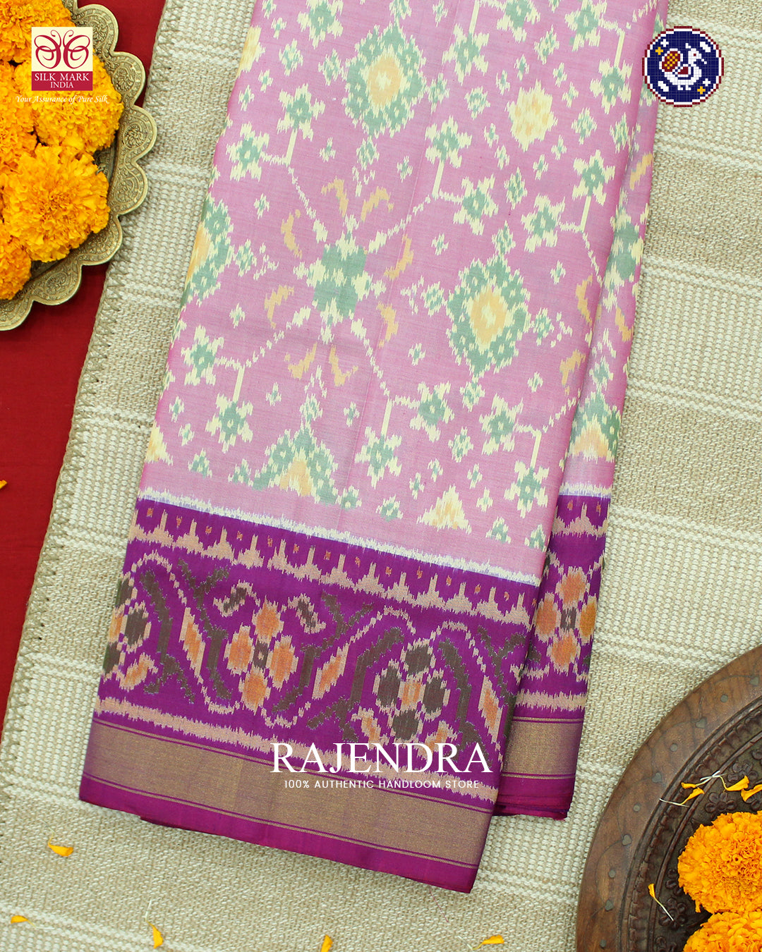 Traditional Navratna Design Baby Pink and Purple Rajkot Patola Saree