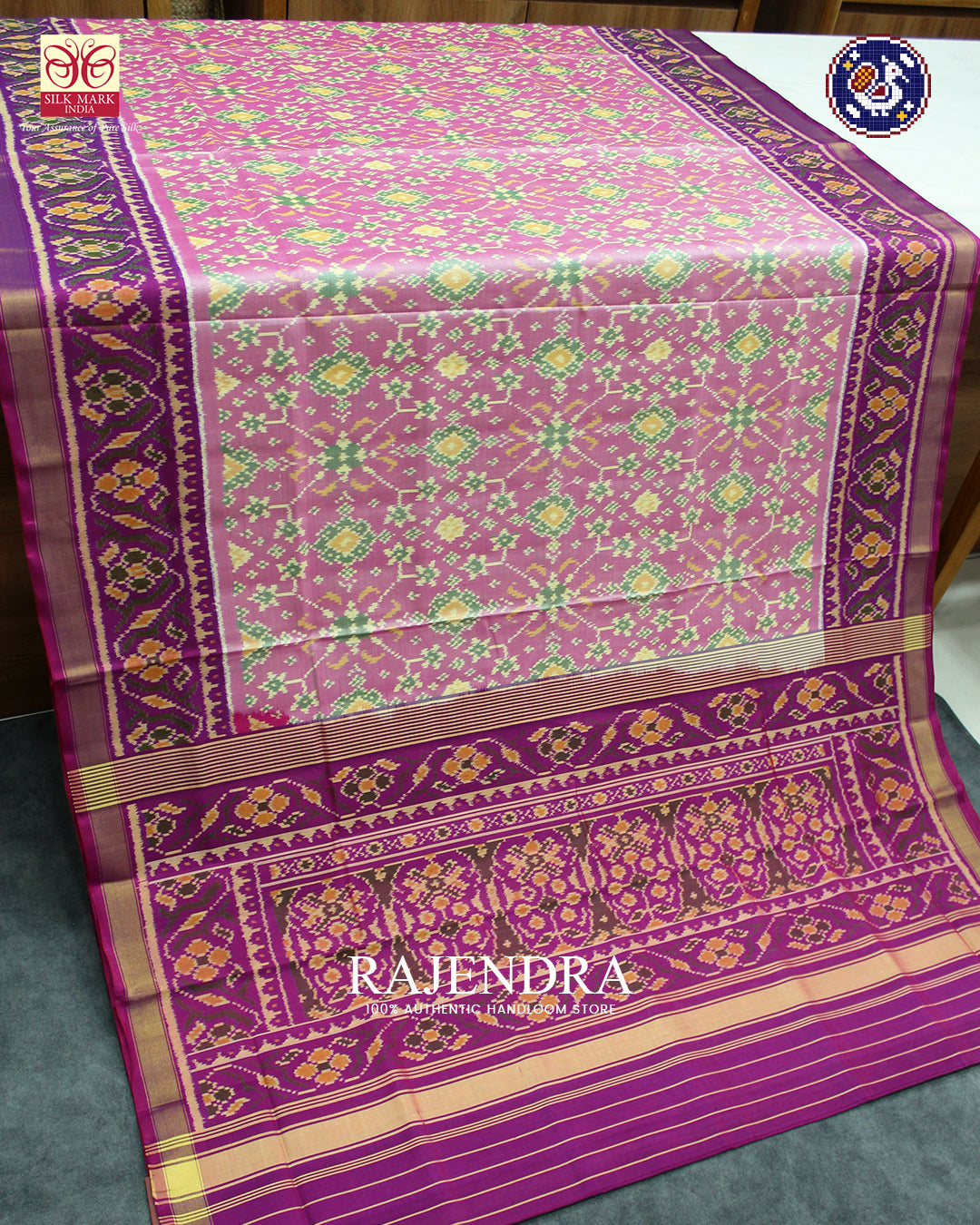 Traditional Navratna Design Baby Pink and Purple Rajkot Patola Saree