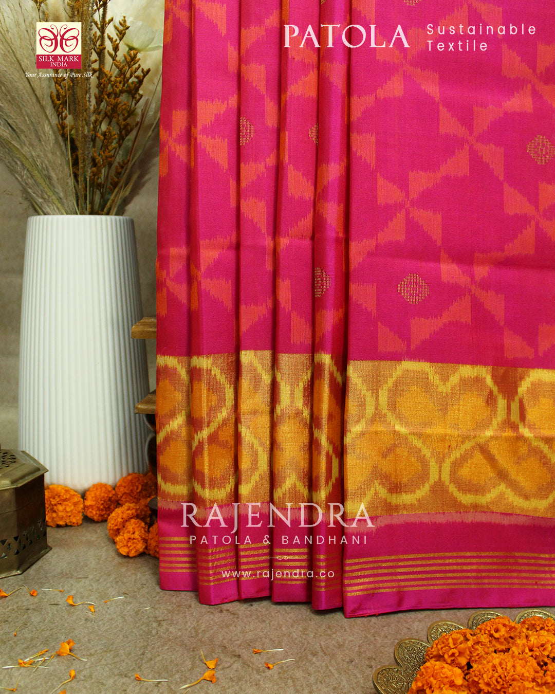 Exclusive Banarasi Butta Pink Single Ikat Rajkot Patola Saree