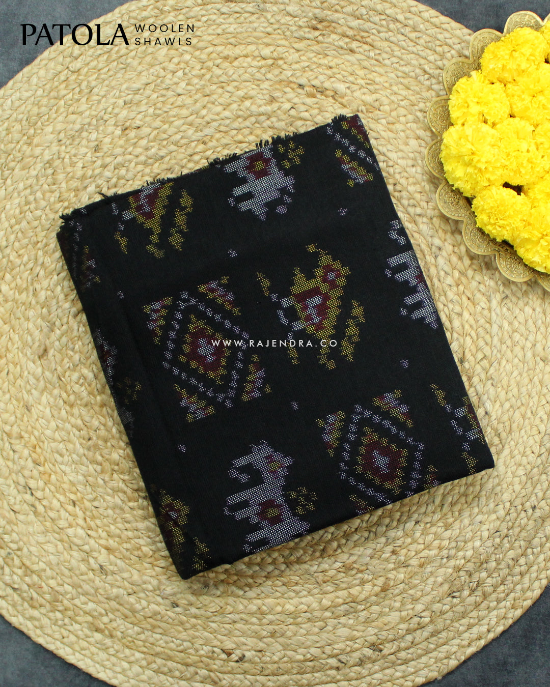 Handwoven Hathi Popat Design Black Woolen Patola Shawls