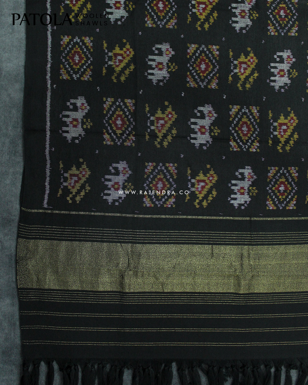 Handwoven Hathi Popat Design Black Woolen Patola Shawls