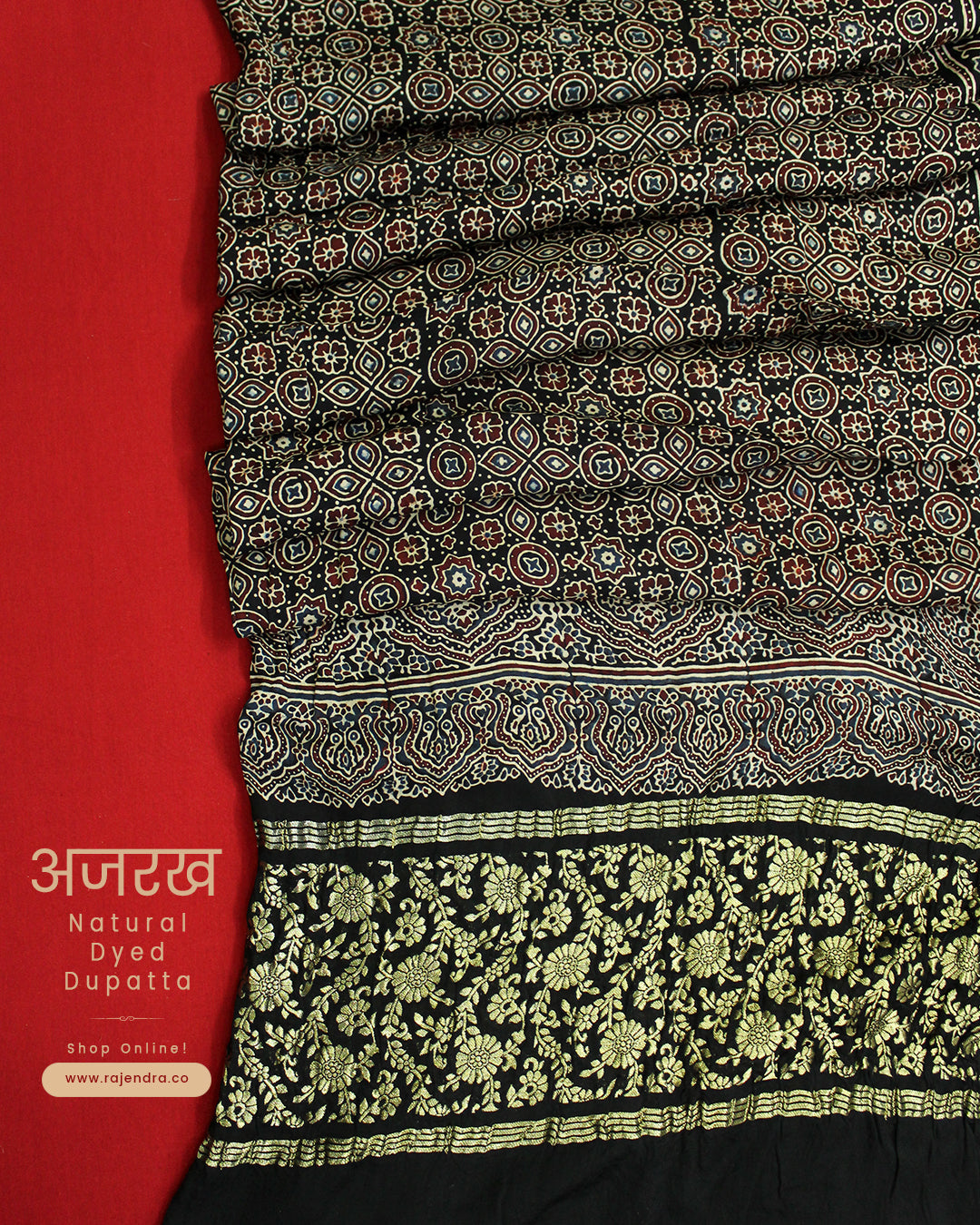 Traditional Black Ajrakh Natural Dyed Modal Silk Dupatta