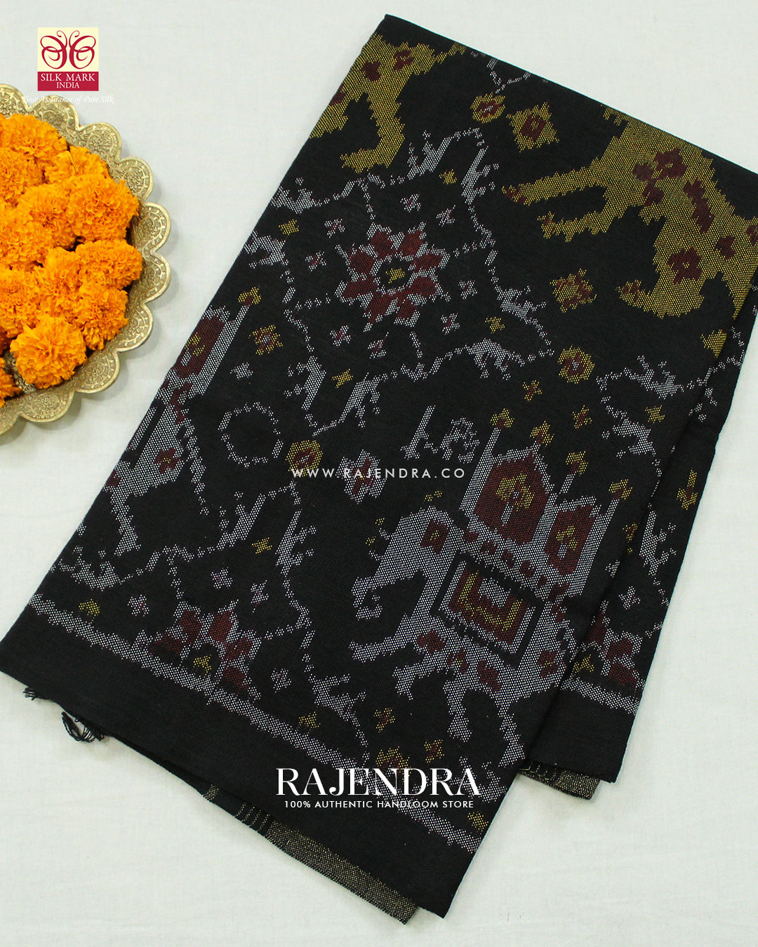 Handwoven Elephant Motif Design Black Woolen Patola Shawls