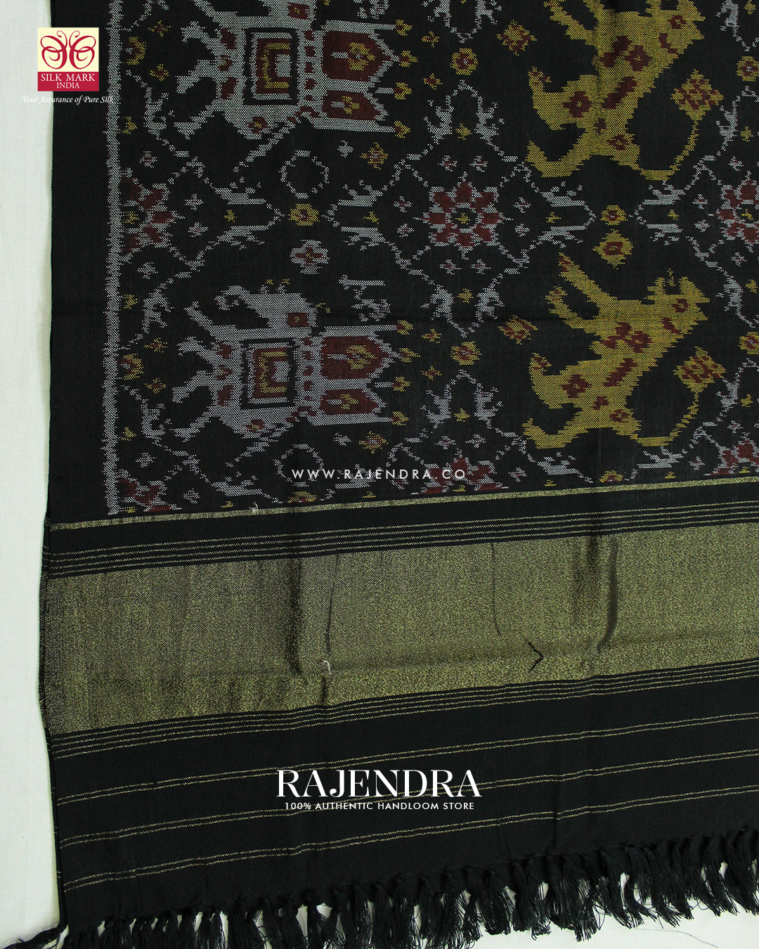 Handwoven Elephant Motif Design Black Woolen Patola Shawls