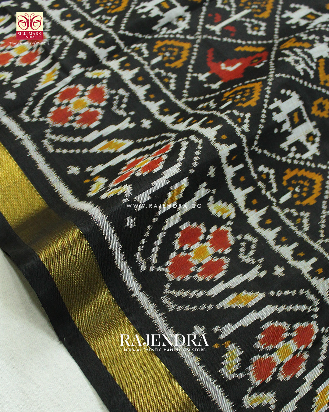 Traditional Hathi Popat Design Black Rajkot Patola Saree