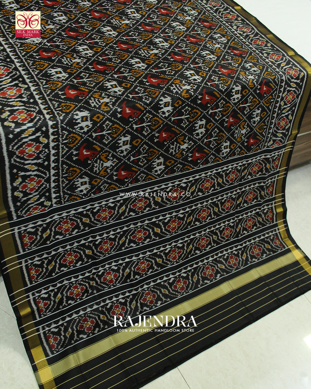 Traditional Hathi Popat Design Black Rajkot Patola Saree