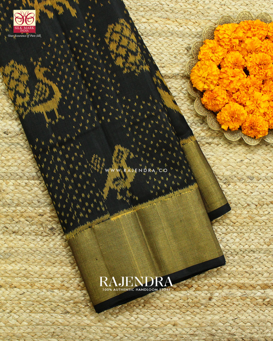 Exclusive Hathi Popat Design Black Single Ikat Rajkot Patola Saree