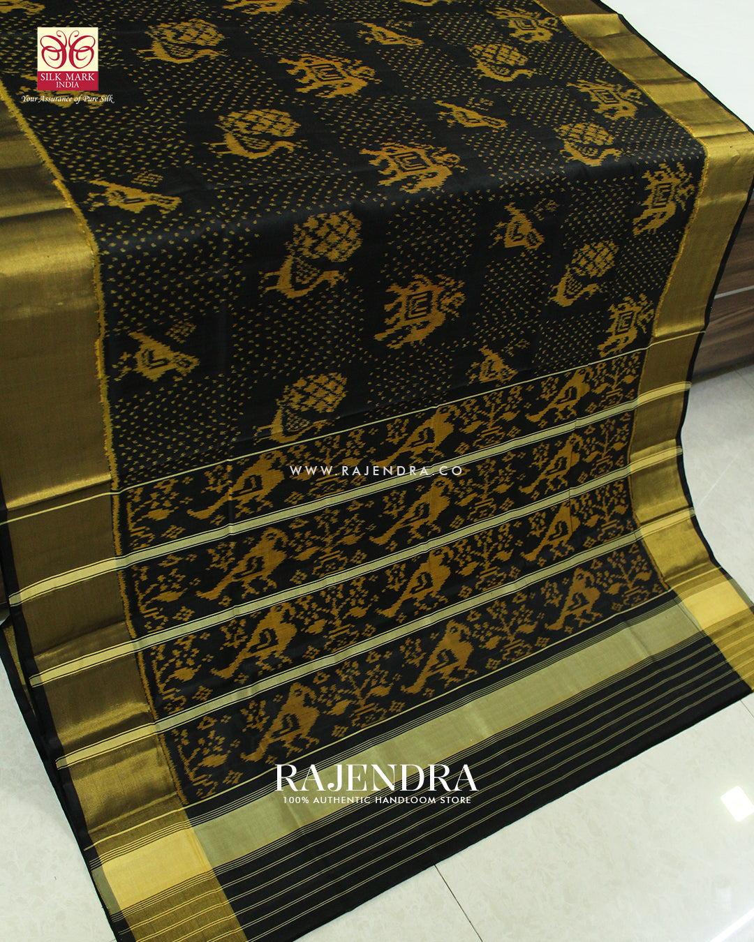 Exclusive Hathi Popat Design Black Single Ikat Rajkot Patola Saree