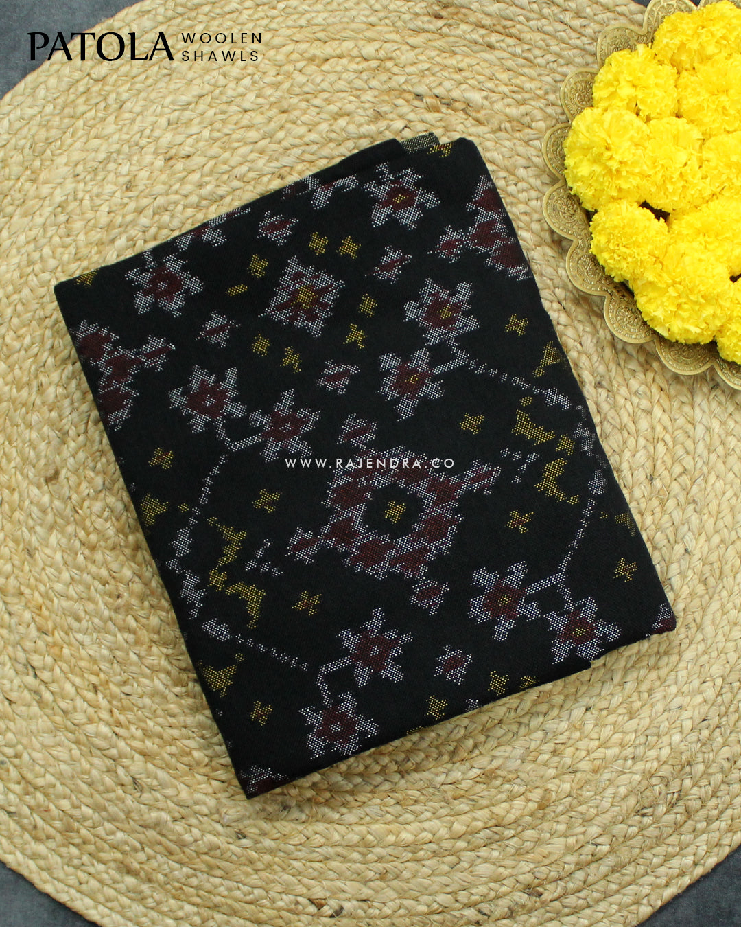 Handwoven Navratna Design Black Woolen Patola Shawls