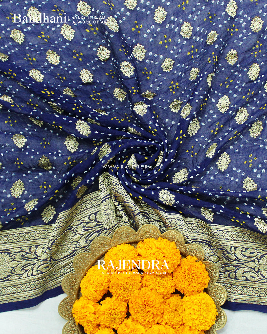 Traditional Pure Georgette Blue Border Butty Banarasi Bandhani Saree