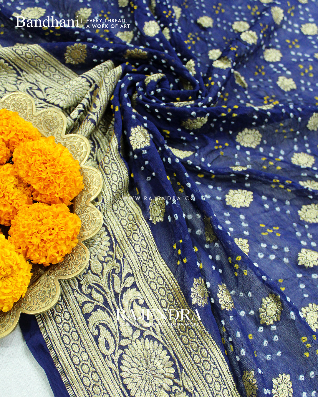 Traditional Pure Georgette Blue Border Butty Banarasi Bandhani Saree