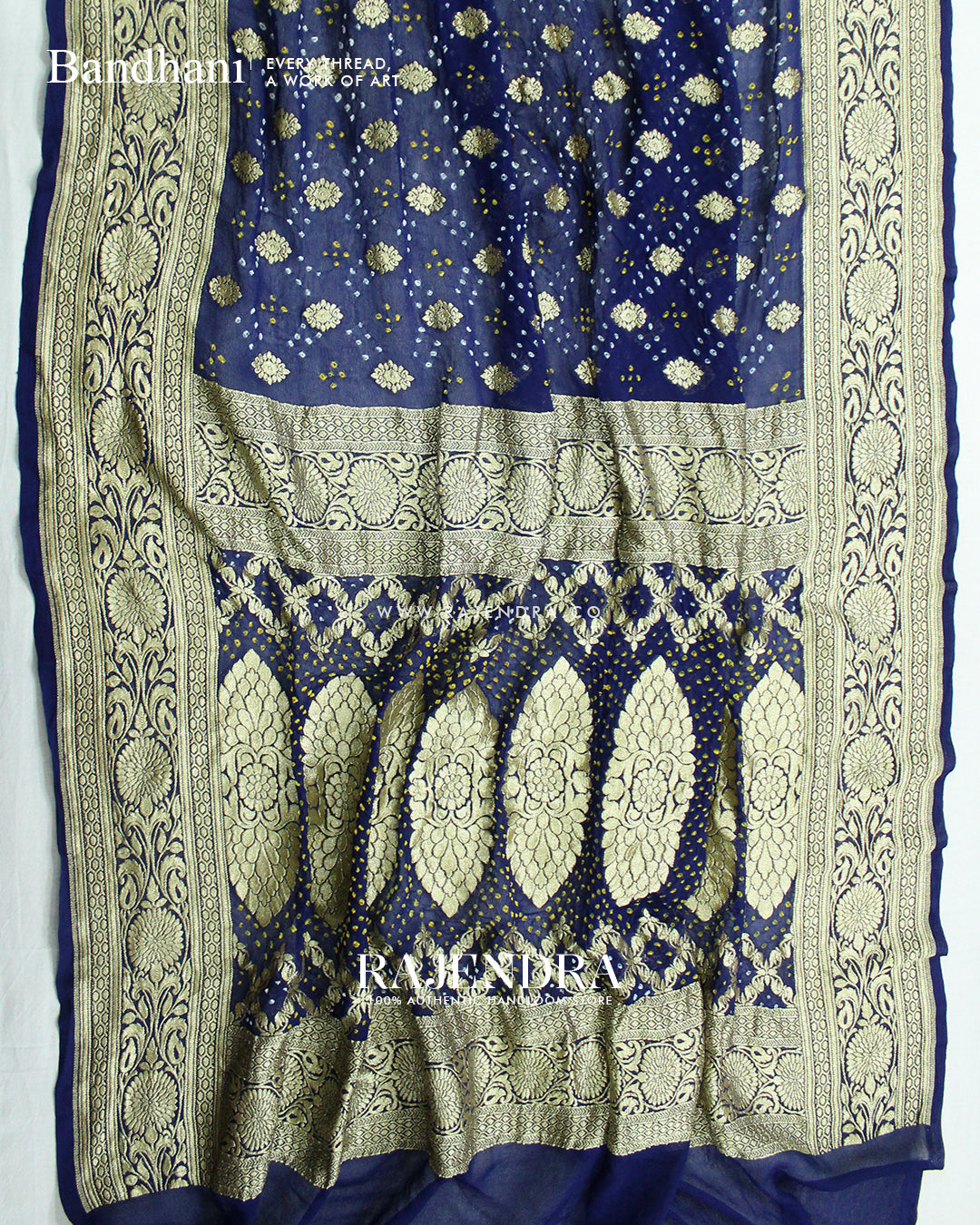 Traditional Pure Georgette Blue Border Butty Banarasi Bandhani Saree