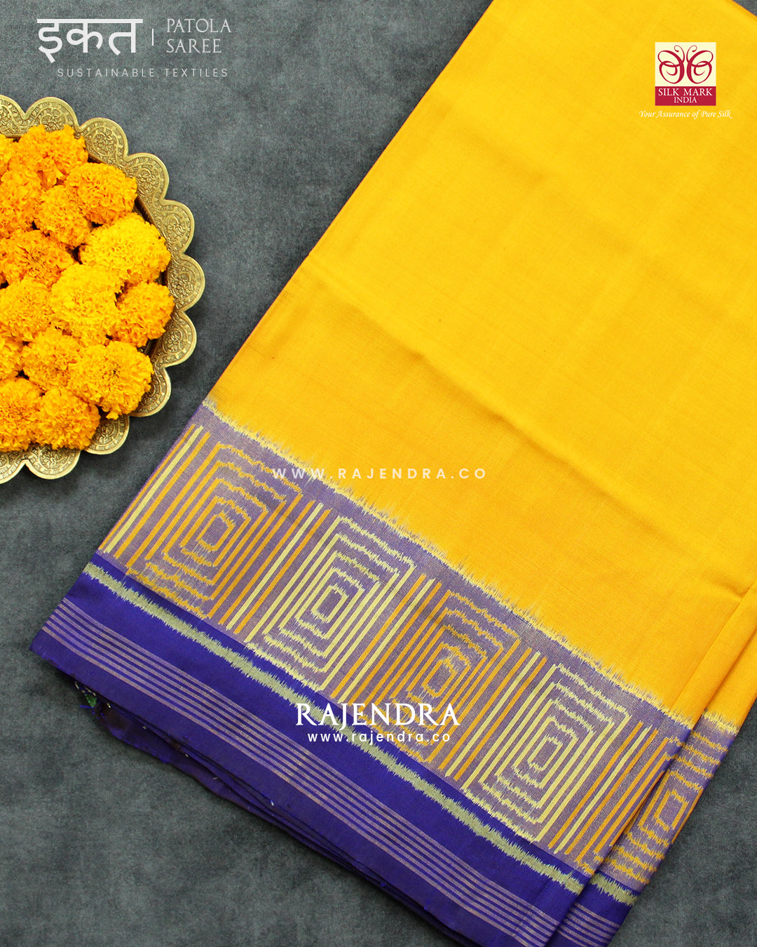 Exclusive Gala Border Blue and Yellow Single Ikat Rajkot Patola Saree