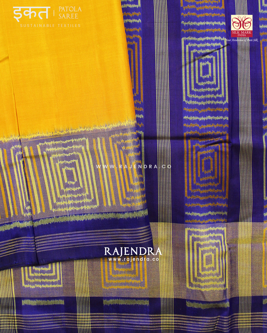 Exclusive Gala Border Blue and Yellow Single Ikat Rajkot Patola Saree