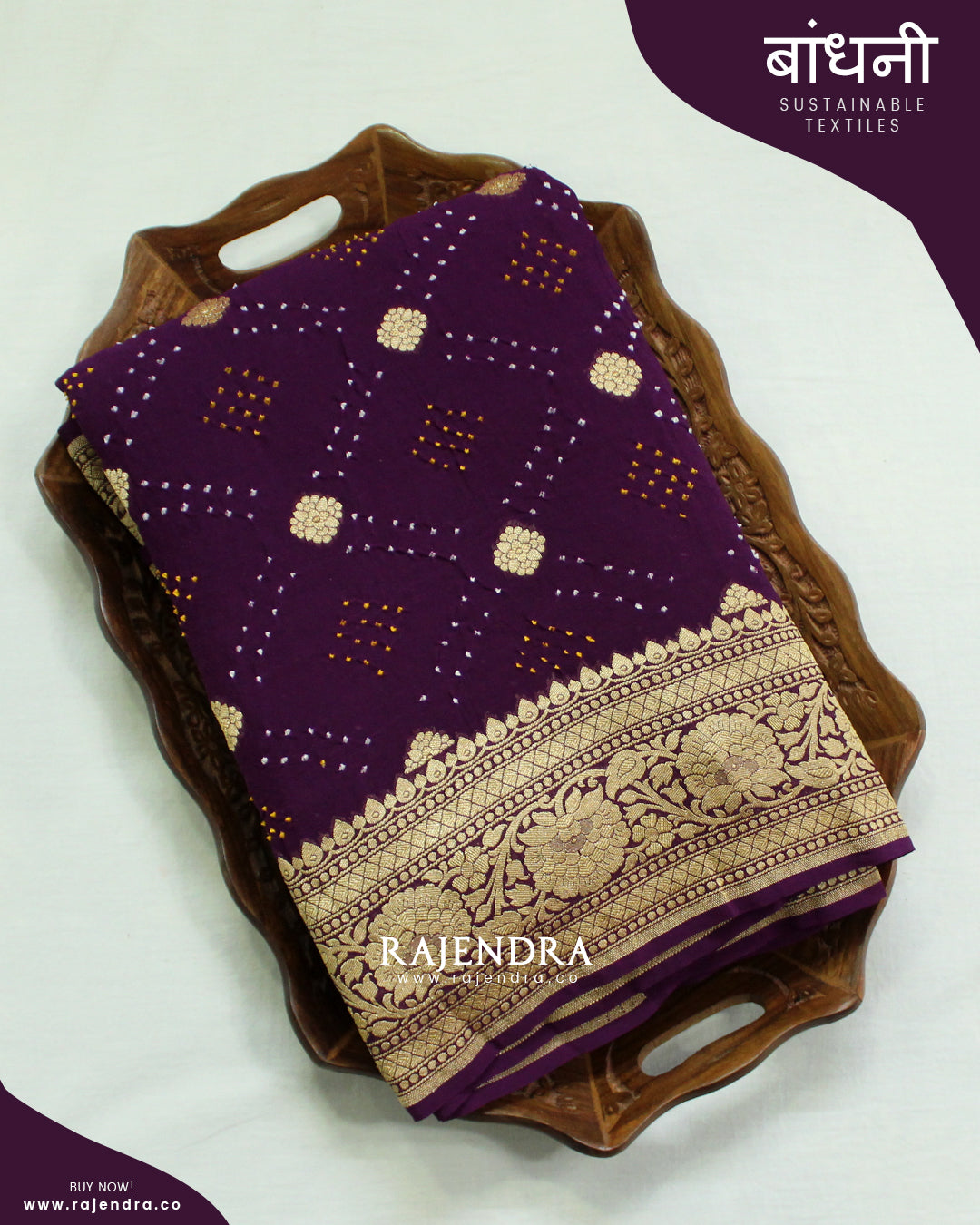 Traditional Pure Georgette Brinjal Palav Banarasi Bandhani Saree